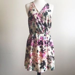 Parker 100% Silk Cream Faux Wrap Sleeveless Watercolor Mini Racerback Dress